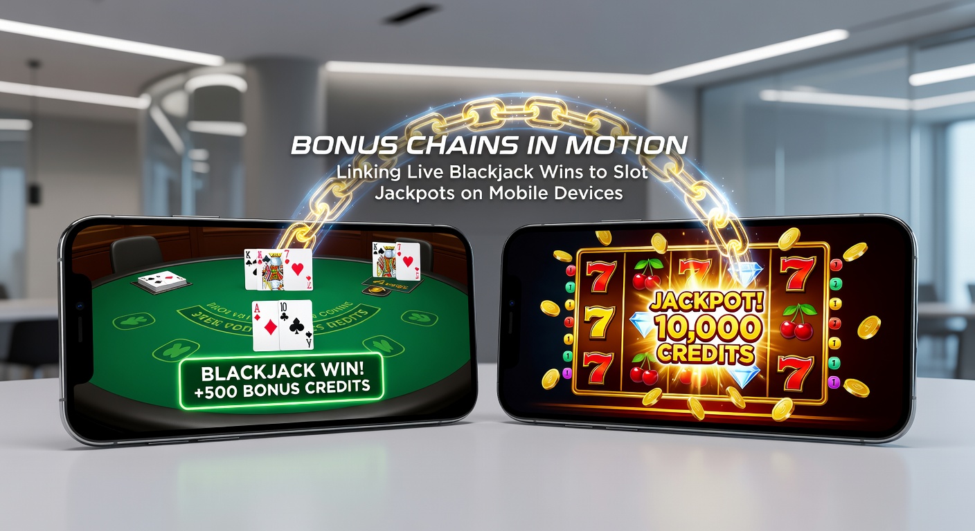 Screenshot einer mobilen App, die eine Bonus-Kette von Live Blackjack zu einem Slot-Jackpot zeigt, mit animierten Gewinnverbindungen