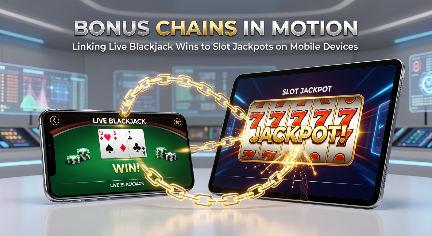 Detaillierte Grafik einer Bonus-Ketten-Animation auf einem Smartphone-Bildschirm, die Blackjack-Chips in Slot-Symbole verwandelt und einen Jackpot-Zähler ansteigen lässt