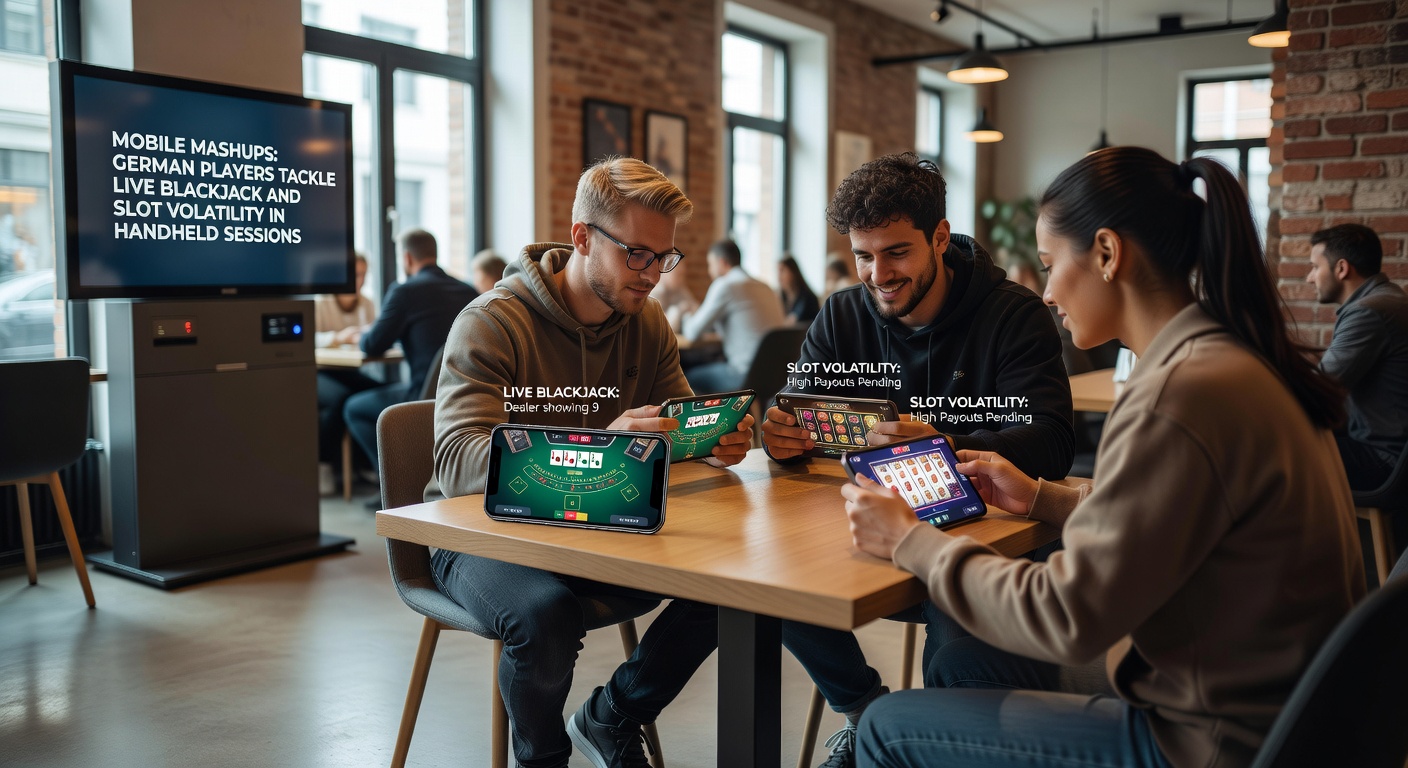 Nahaufnahme eines Smartphones mit einem hochvolatilen Slot-Spiel im Vordergrund, daneben ein Live-Blackjack-Tisch, symbolisierend den Mashup-Wechsel