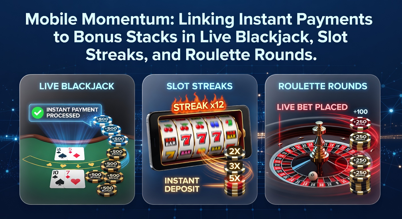 Smartphone mit Live-Blackjack-Tisch, Slot-Maschinen und Roulette-Rad, umgeben von Symbolen für Sofortzahlungen und Bonus-Stapel