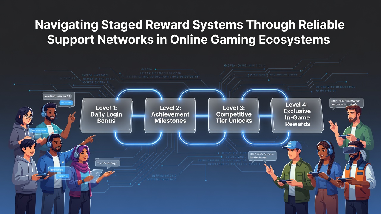 Illustration von Support-Netzwerken, die Transaktionen mit gestaffelten Belohnungen in Online-Casino-Apps verbinden
